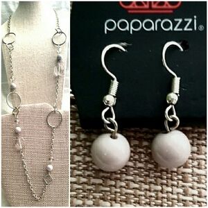 Set 2 pc Paparazzi Necklace Pierced Earrings Silver Chain Gray Clear Beads NS2